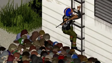 A survivor climbs a ladder attached to a building above a crowd of zombies.