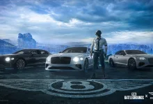 Three Bentley cars and a PUBG: BATTLEGROUNDS character in a snowy game landscape, with PUBG and Bentley logos.