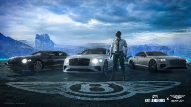 Three Bentley cars and a PUBG: BATTLEGROUNDS character in a snowy game landscape, with PUBG and Bentley logos.