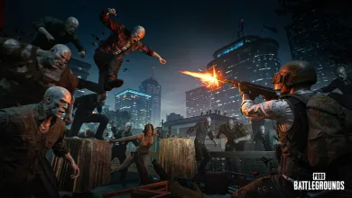 A PUBG: BATTLEGROUNDS soldier fires at a group of Hungers in a city at night.