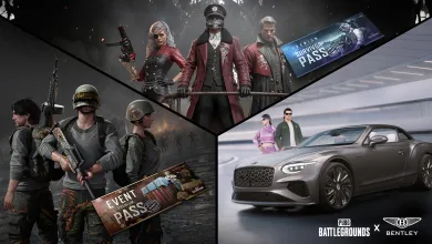 Collage of PUBG: BATTLEGROUNDS characters beside Survivor Pass and Event Pass artwork, with a Bentley car in a separate panel.
