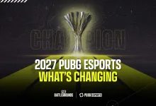 A championship trophy above a yellow-lit path in a graphic announcing changes to 2027 PUBG Esports.