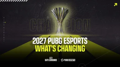 A championship trophy above a yellow-lit path in a graphic announcing changes to 2027 PUBG Esports.