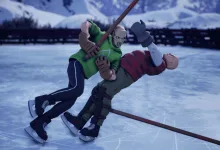 Two Puckoff: Reloaded players collide during a fight on an outdoor ice rink.