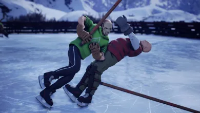 Two Puckoff: Reloaded players collide during a fight on an outdoor ice rink.