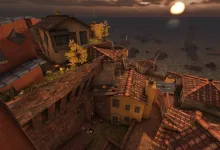 A cluster of terracotta-roofed Mediterranean buildings at sunset in Quake Rooftops Jam.
