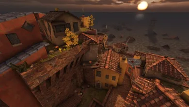 A cluster of terracotta-roofed Mediterranean buildings at sunset in Quake Rooftops Jam.