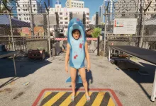 A survivor wearing a blue shark costume stands at an outdoor quarantine checkpoint in Quarantine Zone: The Last Check.