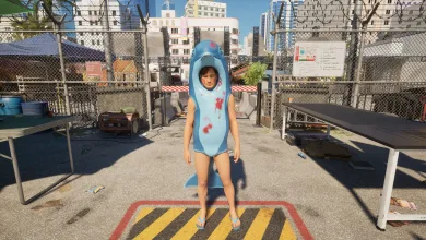 A survivor wearing a blue shark costume stands at an outdoor quarantine checkpoint in Quarantine Zone: The Last Check.