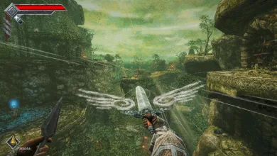A first-person view of a sword-like energy effect stretching across a gap between moss-covered stone ruins.