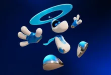 White and blue Astro Bot costume pieces float against a dark blue background.