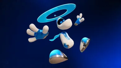 White and blue Astro Bot costume pieces float against a dark blue background.