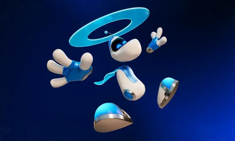 White and blue Astro Bot costume pieces float against a dark blue background.