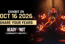 Tactical operators sit among glowing jack-o'-lanterns in the Share Your Fears Exhibit 29 artwork.