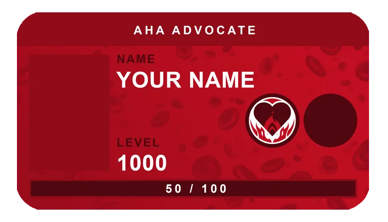 Red American Heart Association Advocate card with a heart emblem and progress bar