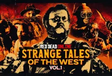 A montage of frontier characters surrounding Theodore Levin on a red-and-orange Strange Tales of the West poster.