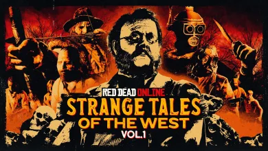A montage of frontier characters surrounding Theodore Levin on a red-and-orange Strange Tales of the West poster.