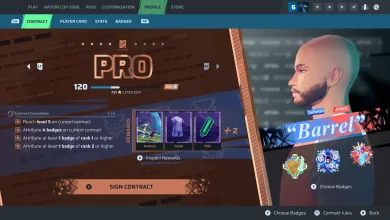 Rematch profile screen showing the Pro Contract level, badge requirements, rewards, and player avatar.