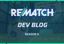 Rematch Season 5 Dev Blog graphic over a soccer training scene
