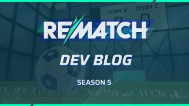 Rematch Season 5 Dev Blog graphic over a soccer training scene