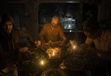 Three characters sit around a candlelit dinner table in a dark room in Resident Evil 7.