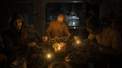 Three characters sit around a candlelit dinner table in a dark room in Resident Evil 7.