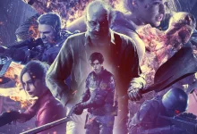 An ensemble of Resident Evil characters posed against a fiery background.