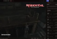 Resident Evil Outbreak gameplay beside a multiplayer room list in the Outbreakweb interface.