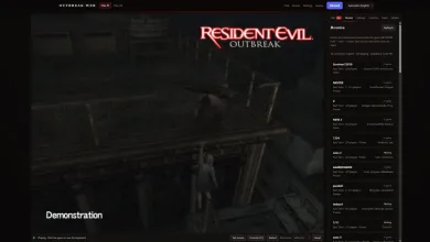 Resident Evil Outbreak gameplay beside a multiplayer room list in the Outbreakweb interface.
