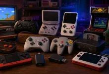 A collection of retro-style handheld gaming devices, controllers, consoles, and an arcade cabinet arranged on a table.
