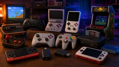 A collection of retro-style handheld gaming devices, controllers, consoles, and an arcade cabinet arranged on a table.