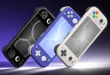 Black, blue, and white handheld game consoles arranged diagonally against a purple background.