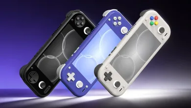 Black, blue, and white handheld game consoles arranged diagonally against a purple background.
