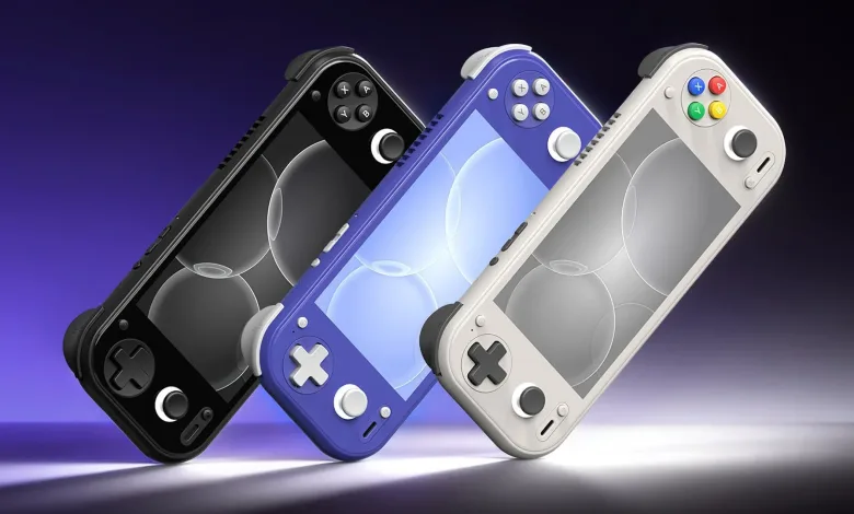 Black, blue, and white handheld game consoles arranged diagonally against a purple background.