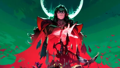 A dark-haired vampire gestures in front of a moonlit castle as bats fly across a green sky.