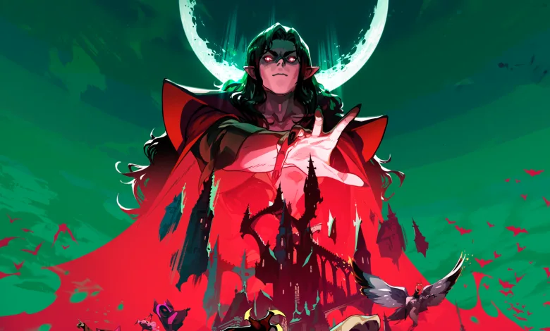 A dark-haired vampire gestures in front of a moonlit castle as bats fly across a green sky.