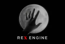 A hand silhouette appears in front of a moon above the REX ENGINE logo.