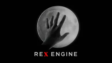 A hand silhouette appears in front of a moon above the REX ENGINE logo.