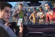 A driver looks toward a group of passengers gathered in front of his car, including a woman holding flowers.