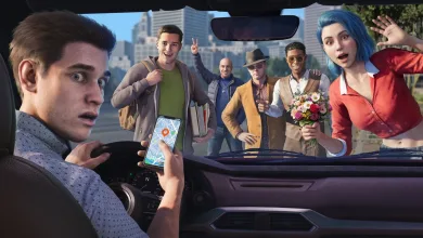 A driver looks toward a group of passengers gathered in front of his car, including a woman holding flowers.