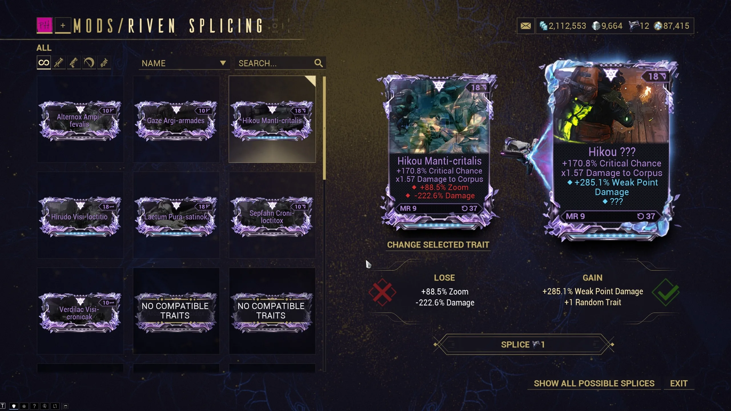 Riven Splicing menu showing a Hikou Riven and its available trait combination