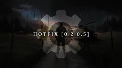 A silhouetted survivor stands on a fenced road beneath a large gear graphic, with “HOTFIX [0.2.0.5]” across the center.