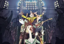 An animated animal band performs beneath concert lights as a crowd cheers.