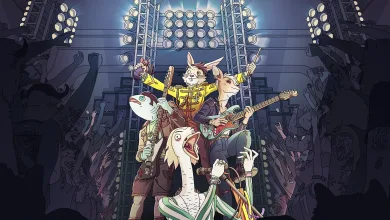 An animated animal band performs beneath concert lights as a crowd cheers.