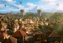 A medieval town spreads across a green valley beneath floating islands.