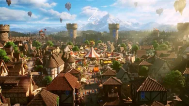 A medieval town spreads across a green valley beneath floating islands.
