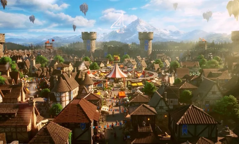 A medieval town spreads across a green valley beneath floating islands.