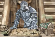 An armored knight studies a map beside a book and treasure chest.