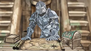 An armored knight studies a map beside a book and treasure chest.