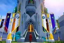 A red-cloaked character approaches a white castle entrance lined with colorful banners.